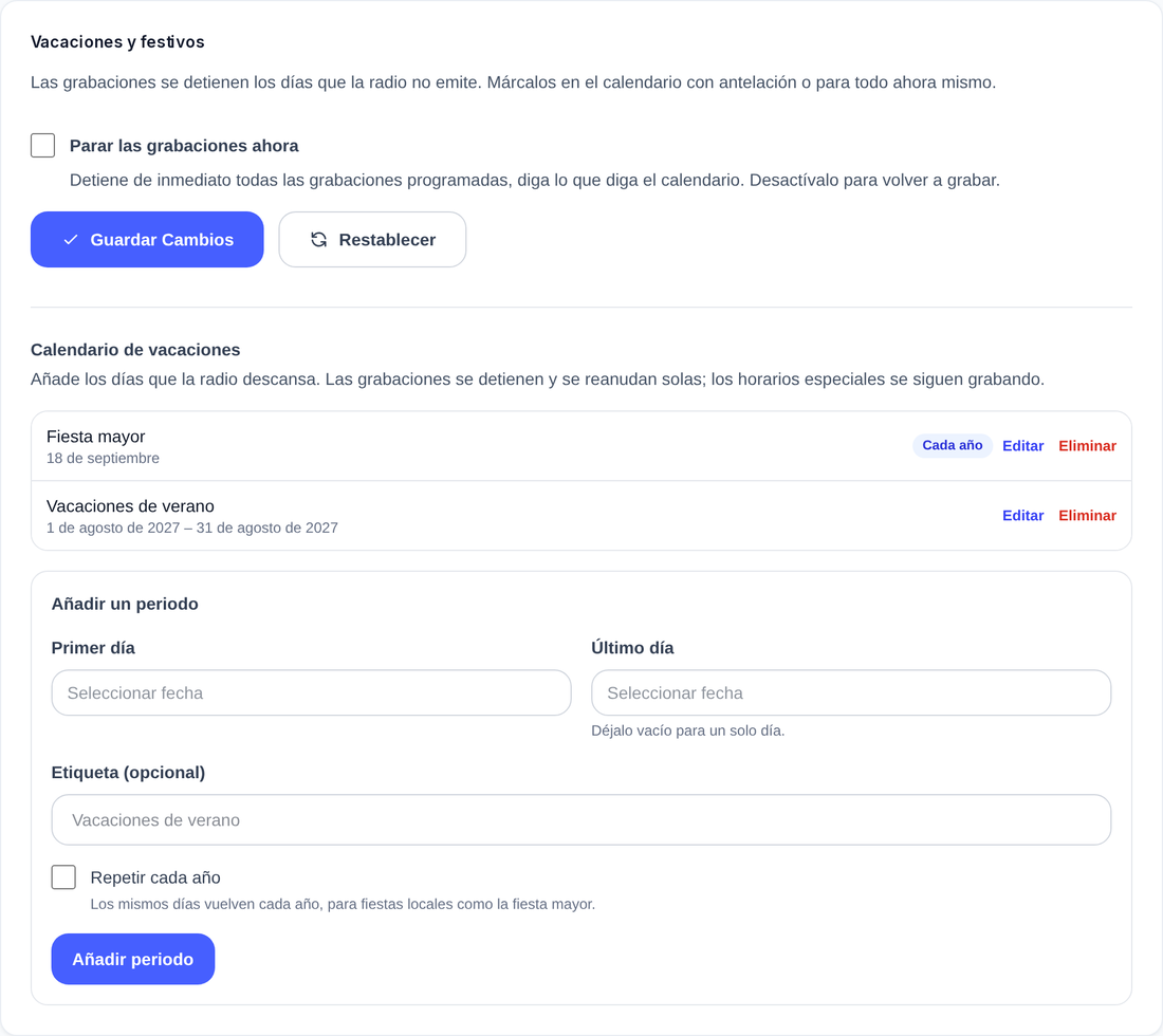 Tarjeta de vacaciones y festivos, con el interruptor de parada y el calendario de periodos