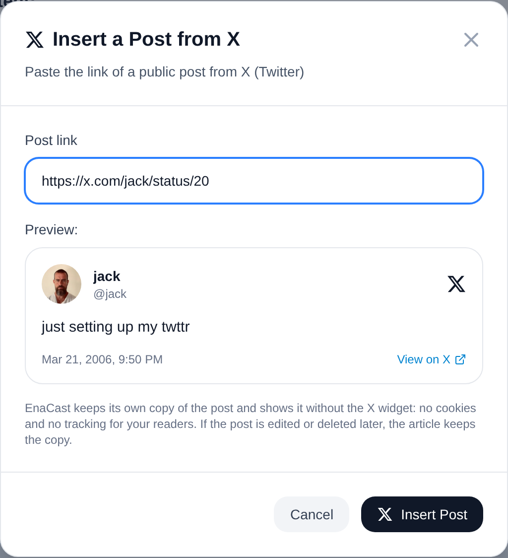 The "Insert a Post from X" dialog with the card preview