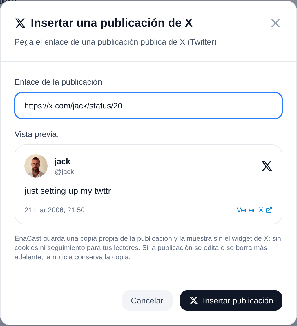La ventana «Insertar una publicación de X» con la vista previa de la tarjeta