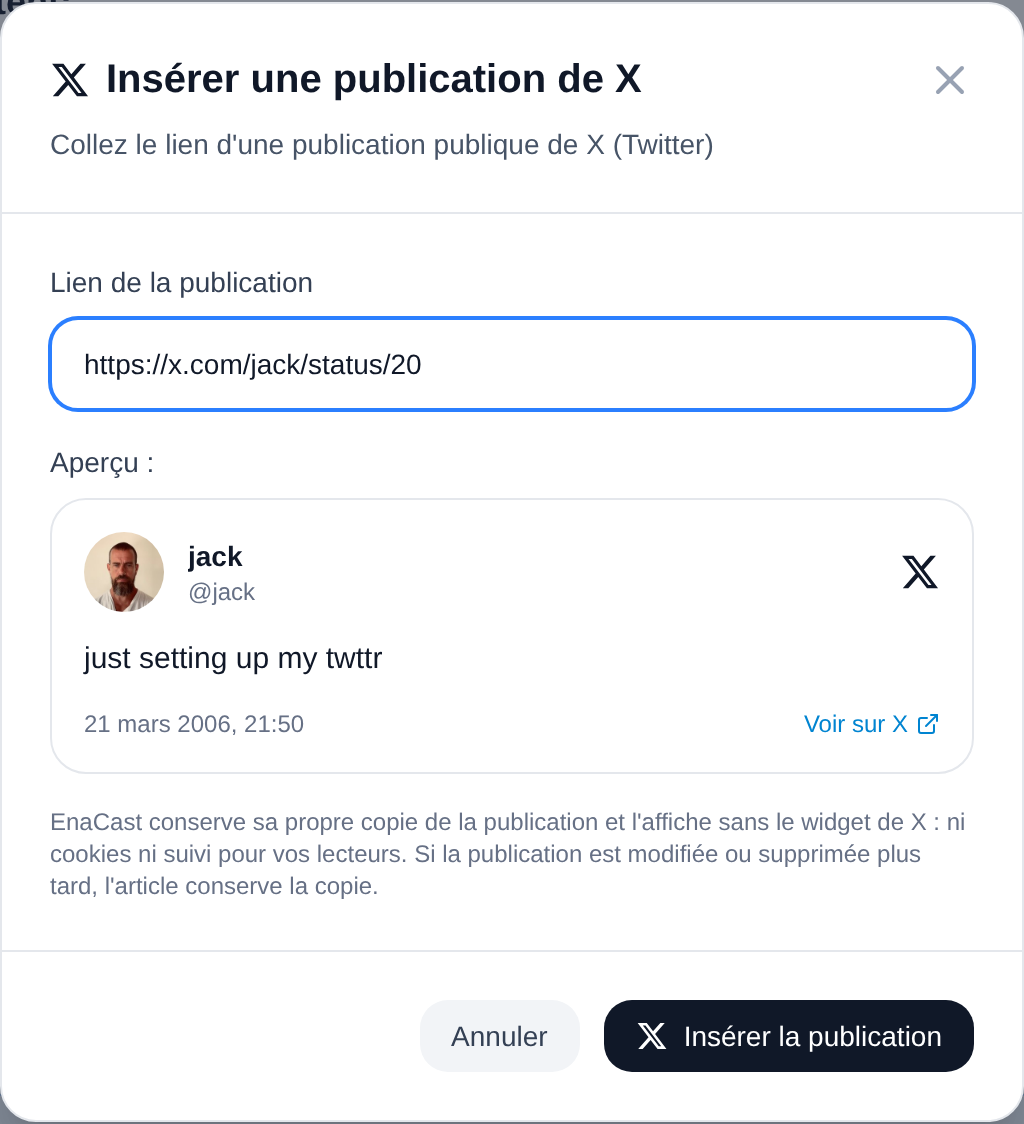 La fenêtre « Insérer une publication de X » avec l'aperçu de la carte