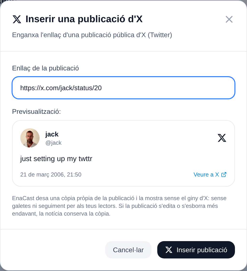 La finestra «Inserir una publicació d'X» amb la previsualització de la targeta