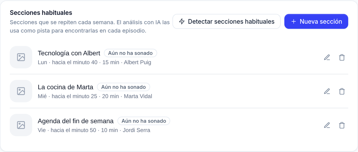 Tarjeta de secciones habituales de un programa, con tres secciones y los botones para detectarlas y crear una nueva