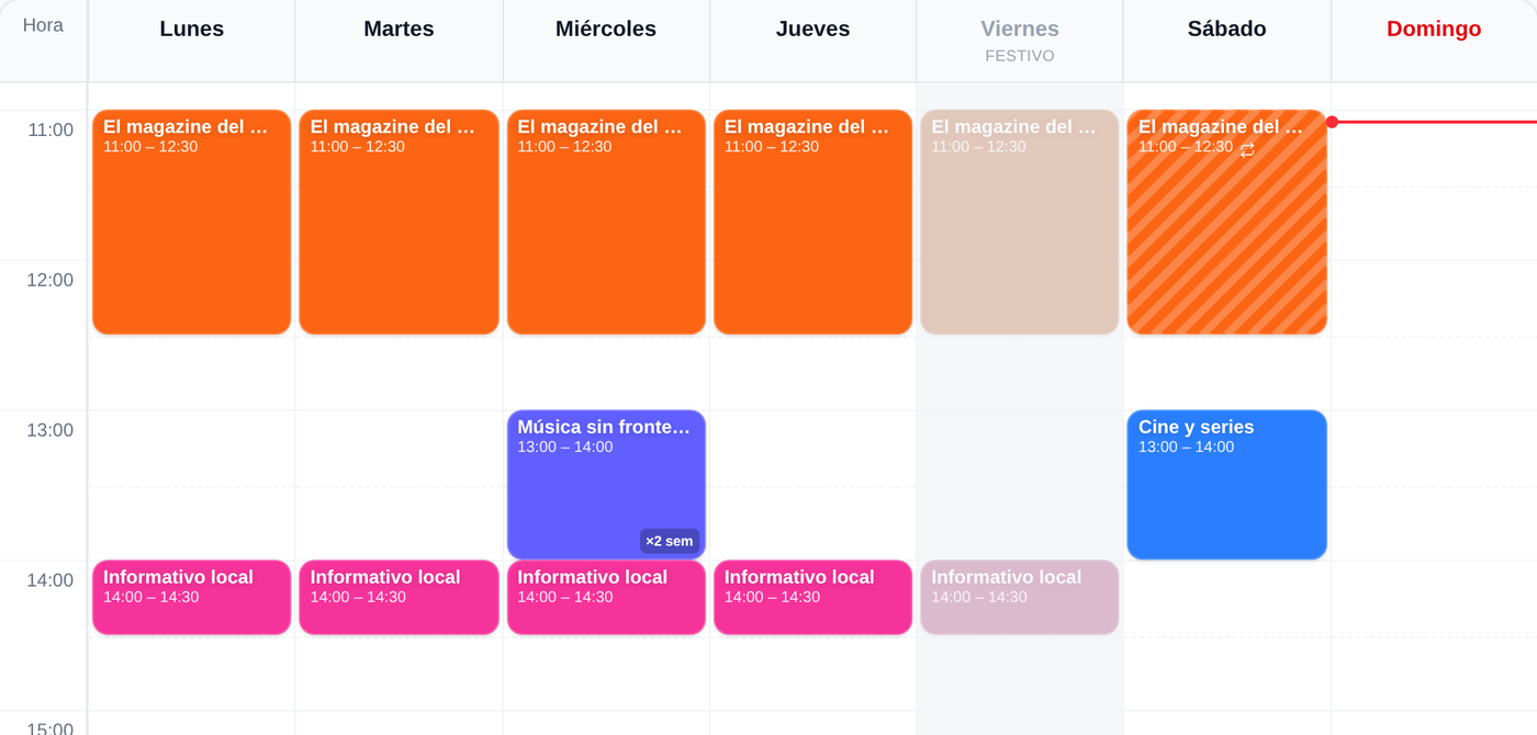 Vista de cuadrícula con un horario quincenal y un día marcado como festivo