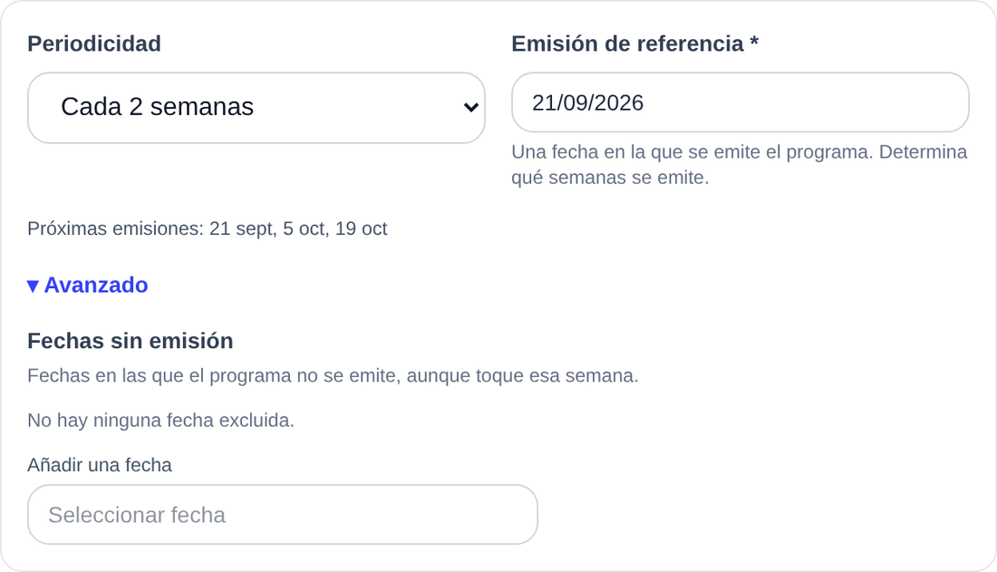 Bloque de periodicidad: cada 2 semanas, emisión de referencia, próximas emisiones y fechas sin emisión